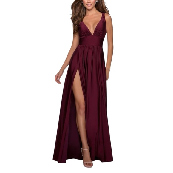 La Femme Dark Berry Evening Gown V Neck Wide Waistband Long Gala Holiday